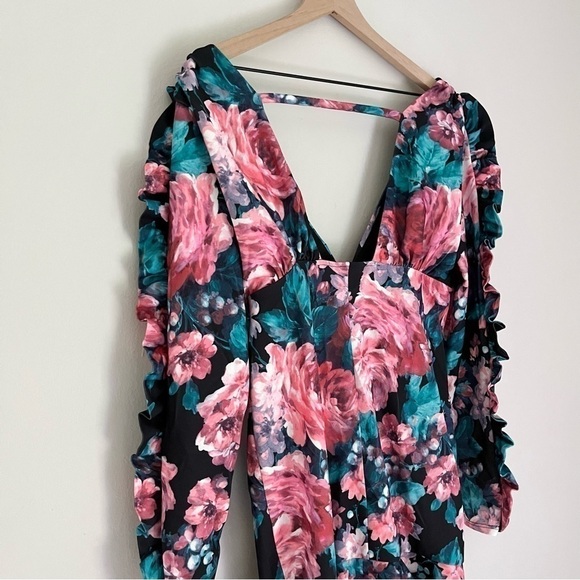 NEW ASOS Plunge Frill Sleeve Mini Dress in Pink and Blue Rose‎ Floral Size 12 - Picture 8 of 14